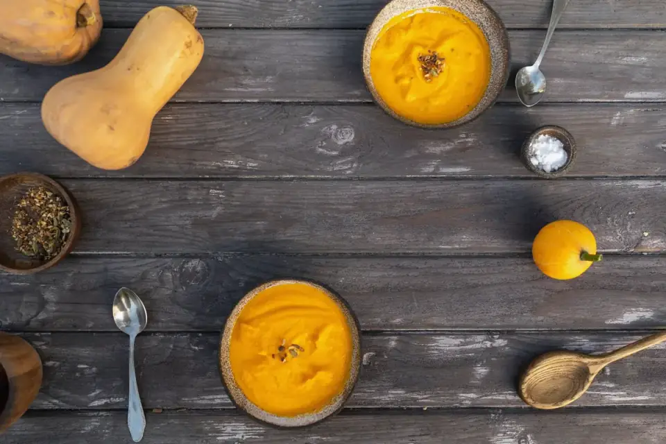 Pumpkin puree beside a dog food bowl on a kitchen counter